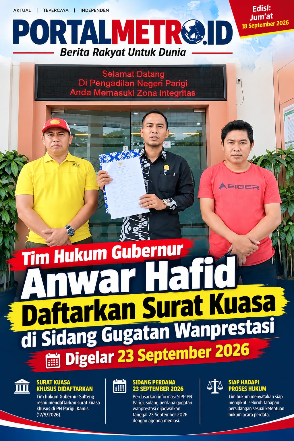 Tim Hukum Gubernur Anwar Hafid Daftarkan Surat Kuasa di Sidang Gugatan Wanprestasi Digelar 23 September 2026